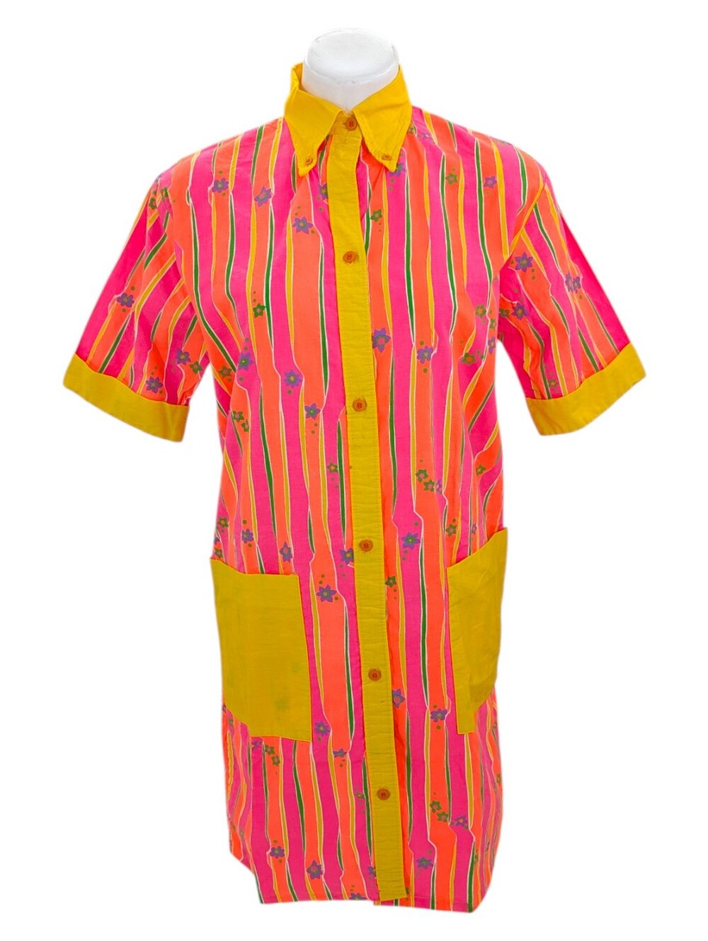 Vintage 60s Neon Dayglow Flower Power Stripe Dress Medium